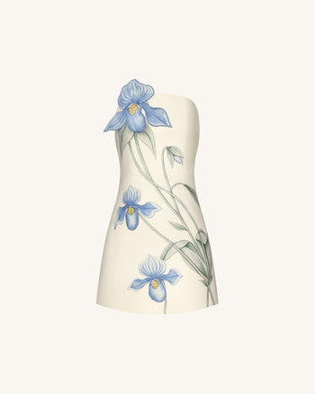 Mini abito con applicazione orchidea a scarpetta di Venere - Avorio/Blu