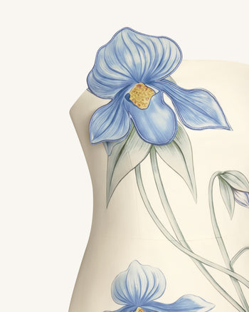 Mini abito con applicazione orchidea a scarpetta di Venere - Avorio/Blu