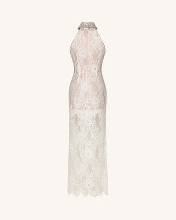 Abito in pizzo con scollo all'americana decorato - Bianco
