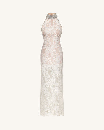 Abito in pizzo con scollo all'americana decorato - Bianco