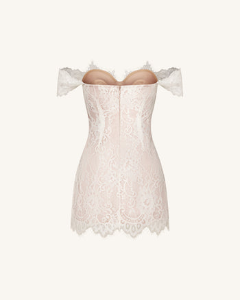 Mini abito in pizzo con spalla Off - Bianco