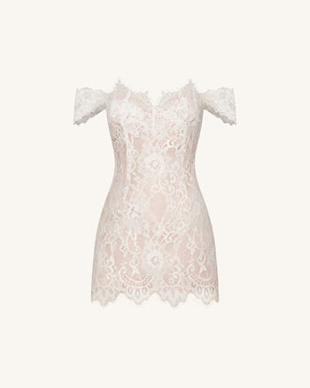 Mini abito in pizzo con spalla Off - Bianco