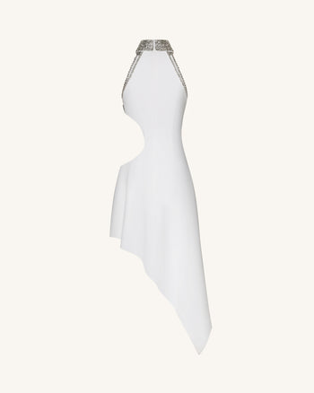 Abito a collo alto con decorazioni e aperture floreali - Bianco