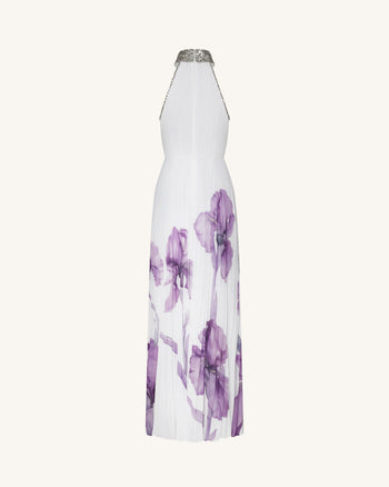 Abito lungo plissettato con scollo all'americana decorato e stampa Iris - Bianco/Viola