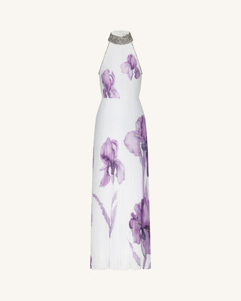 Abito lungo plissettato con scollo all'americana decorato e stampa Iris - Bianco/Viola