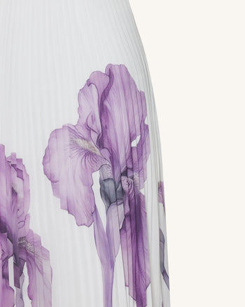 Abito lungo plissettato con scollo all'americana decorato e stampa Iris - Bianco/Viola