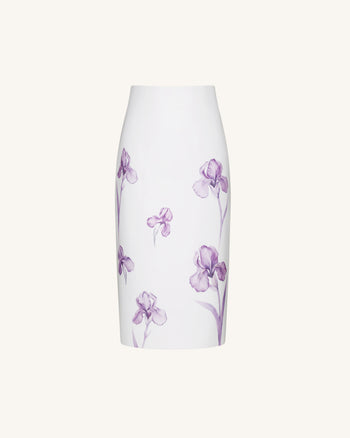 Gonna midi a tubino a vita alta con stampa Iris - Bianco/Viola