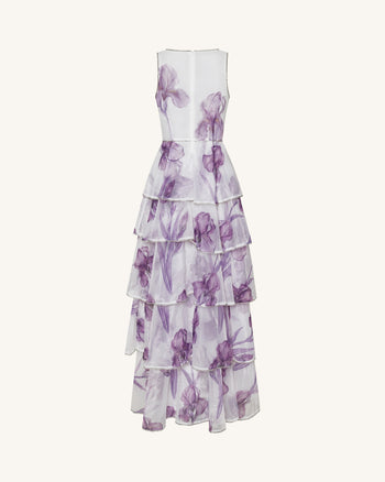 Abito lungo in organza a balze con finiture gioiello e stampa Iris - Bianco/Viola