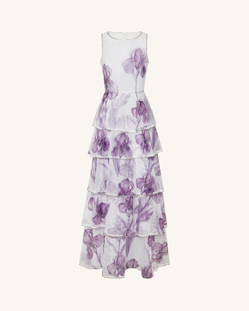 Abito lungo in organza a balze con finiture gioiello e stampa Iris - Bianco/Viola
