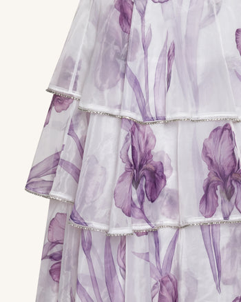 Abito lungo in organza a balze con finiture gioiello e stampa Iris - Bianco/Viola