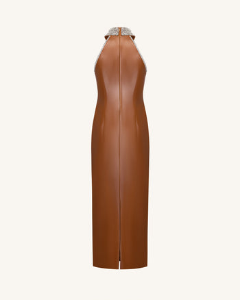Abito lungo con scollo all'americana a collo alto decorato - Marrone caramello
