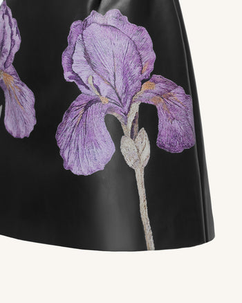 Mini abito in pelle con stampa floreale Iris e spalla One - Nero