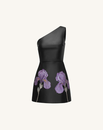 Mini abito in pelle con stampa floreale Iris e spalla One - Nero
