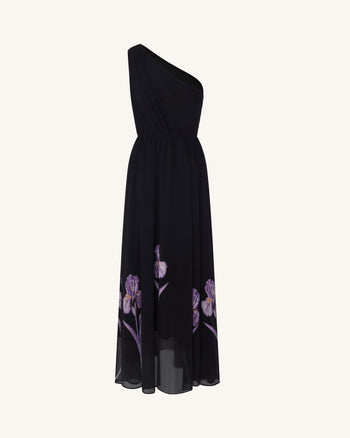 Abito lungo floreale con spalla One - Nero