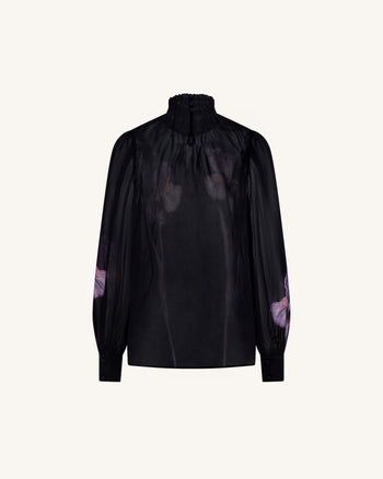 Blusa velata a collo alto con stampa Iris - Nero/Viola