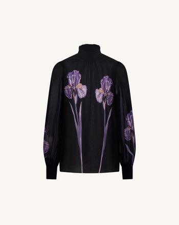 Blusa velata a collo alto con stampa Iris - Nero/Viola