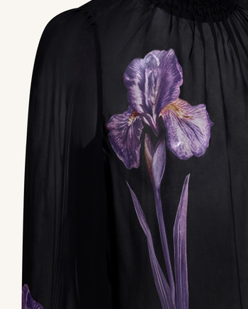Blusa velata a collo alto con stampa Iris - Nero/Viola