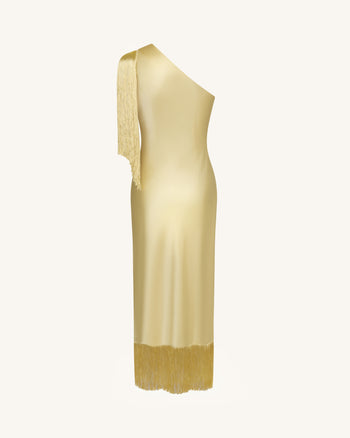 Abito midi con frange e spalla One - Champagne