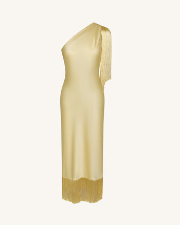 Abito midi con frange e spalla One - Champagne