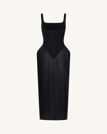Abito midi con scollo Square e paniere - Nero