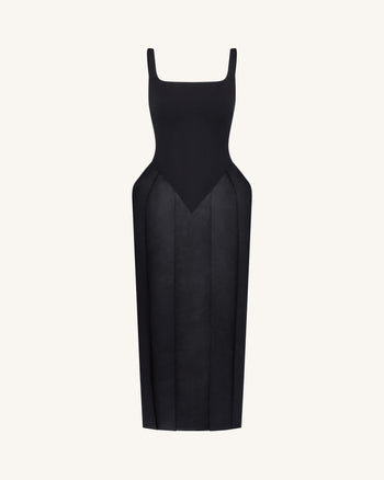 Abito midi con scollo Square e paniere - Nero