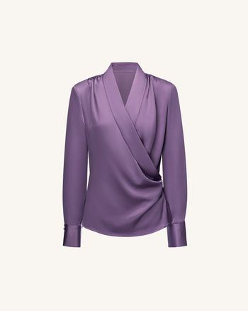 Blusa a maniche lunghe a portafoglio in raso - Malva polveroso