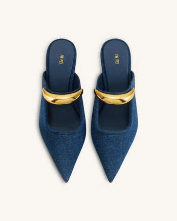 Sofia Mule con Tacco a Sfera e Dettaglio Metallico - Blu Denim