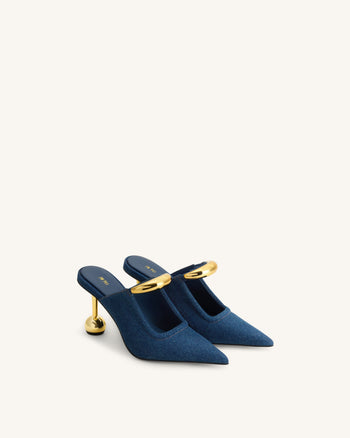 Sofia Mule con Tacco a Sfera e Dettaglio Metallico - Blu Denim