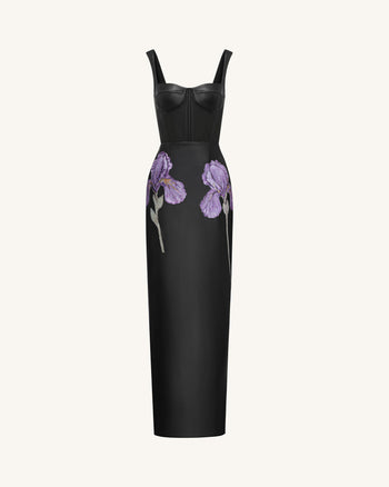 Iris Abito lungo in pelle a corsetto con spalline e stampa floreale - Nero