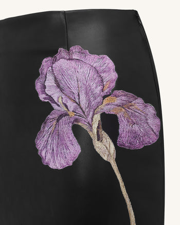 Iris Gonna midi a tubino in pelle a vita alta con stampa floreale - Nero