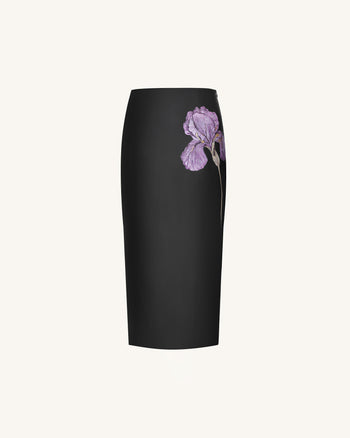 Iris Gonna midi a tubino in pelle a vita alta con stampa floreale - Nero
