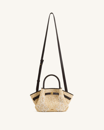 Hana Mini borsa tote con perline in simil-paglia - Marrone