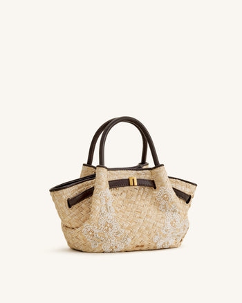 Hana Mini borsa tote con perline in simil-paglia - Marrone