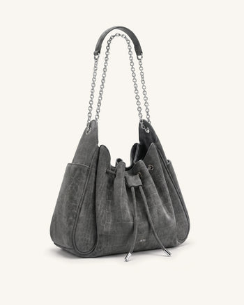 Rowan Borsa a secchiello in finto scamosciato con catena e coulisse - Grigio smog effetto coccodrillo
