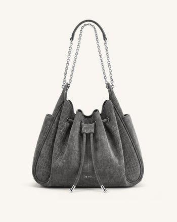Rowan Borsa a secchiello in finto scamosciato con catena e coulisse - Grigio smog effetto coccodrillo