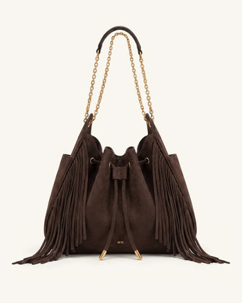 Rowan Borsa a secchiello arricciata in finto scamosciato con catena, coulisse e nappa - Marrone ambra