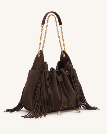 Rowan Borsa a secchiello arricciata in finto scamosciato con catena, coulisse e nappa - Marrone ambra
