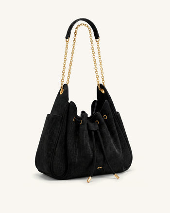 Rowan Borsa a secchiello in finto scamosciato con catena e coulisse - Nero freddo effetto coccodrillo