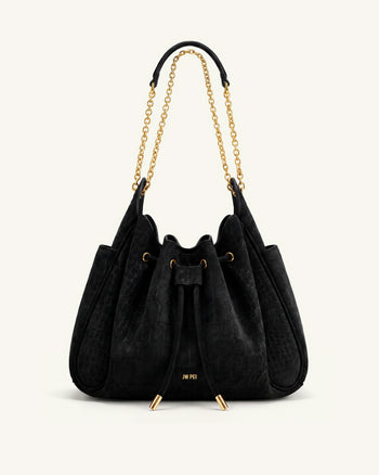 Rowan Borsa a secchiello in finto scamosciato con catena e coulisse - Nero freddo effetto coccodrillo