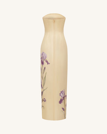 Iris Abito lungo senza spalline in raso stampato con spacco - Giallo tenue