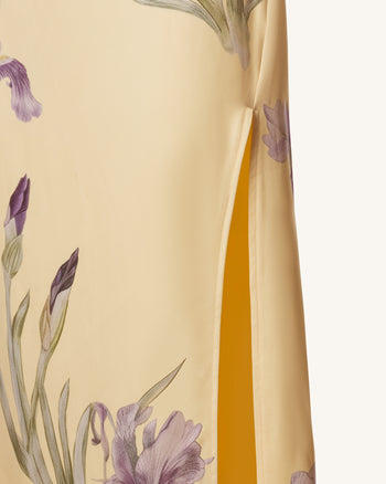 Iris Abito lungo senza spalline in raso stampato con spacco - Giallo tenue