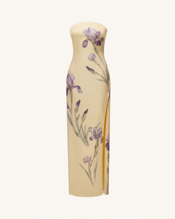 Iris Abito lungo senza spalline in raso stampato con spacco - Giallo tenue