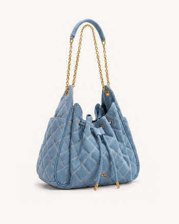Rowan Borsa a secchiello arricciata trapuntata con catena e coulisse - Denim blu