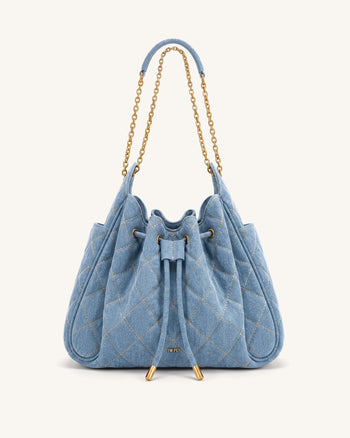 Rowan Borsa a secchiello arricciata trapuntata con catena e coulisse - Denim blu