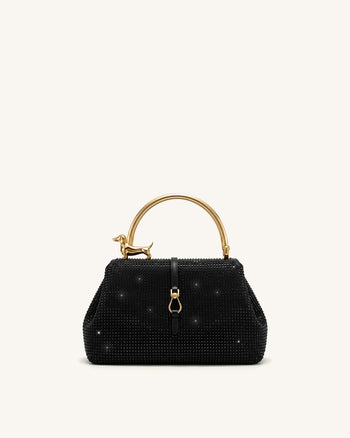 Bruna Borsa a mano con manico in metallo a forma di bassotto in cristallo artificiale - Nero