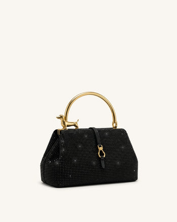 Bruna Borsa a mano con manico in metallo a forma di bassotto in cristallo artificiale - Nero