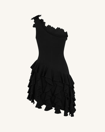 Vestito corto a corsetto monospalla con ricamo floreale - Nero