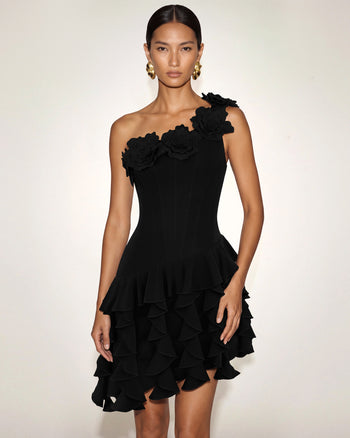Vestito corto a corsetto monospalla con ricamo floreale - Nero
