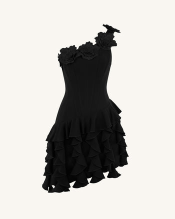 Vestito corto a corsetto monospalla con ricamo floreale - Nero