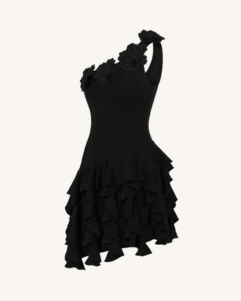 Vestito corto a corsetto monospalla con ricamo floreale - Nero